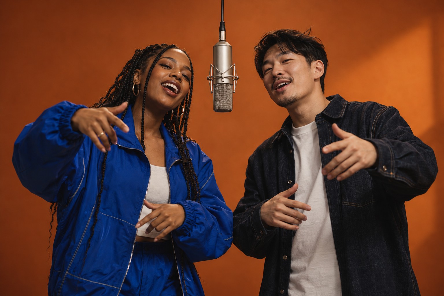Concept image of two adult friends performing at a microphone in an orange studio
